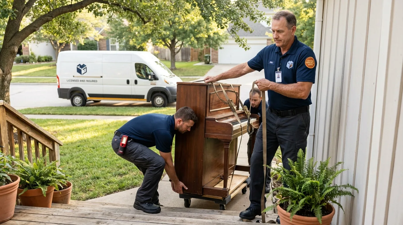 Licensed piano movers securing grand piano in Manasquan, NJ