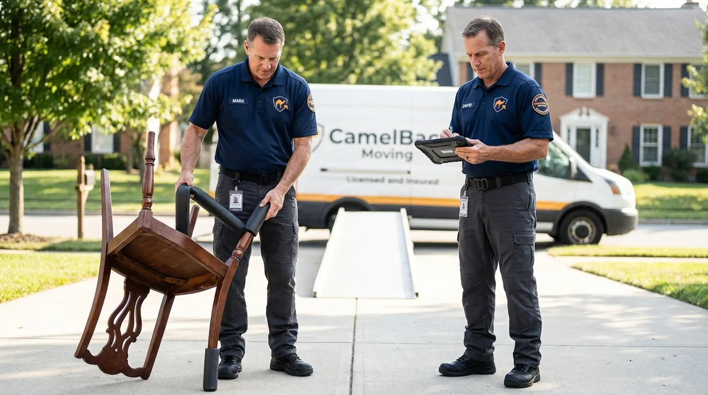 Movers inspecting furniture for damage prevention before loading in Manasquan, NJ